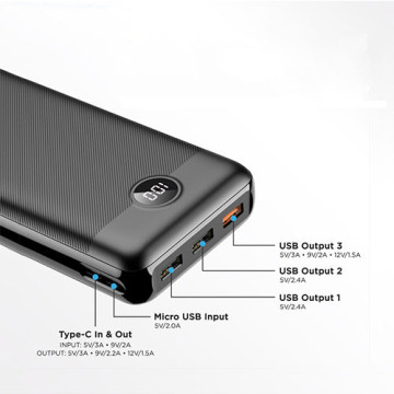 VEGER VP3008PD Power bank, fekete, 30.000mAh, PD 18W, QC 18W, 3 usb és 1 usb-c kimenet