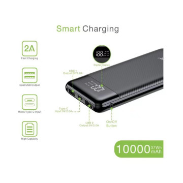 VEGER VP1087 Power bank , fekete, 10.000mAh,5V-2a, 3 usb és 1 type-c kimenettel. LED kijelzővel