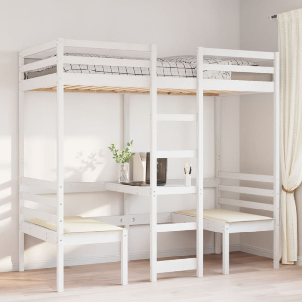 Fehér fenyő galériaágy-keret asztallal és székekkel 80 x 200 cm - utánvéttel vagy ingyenes szállítással