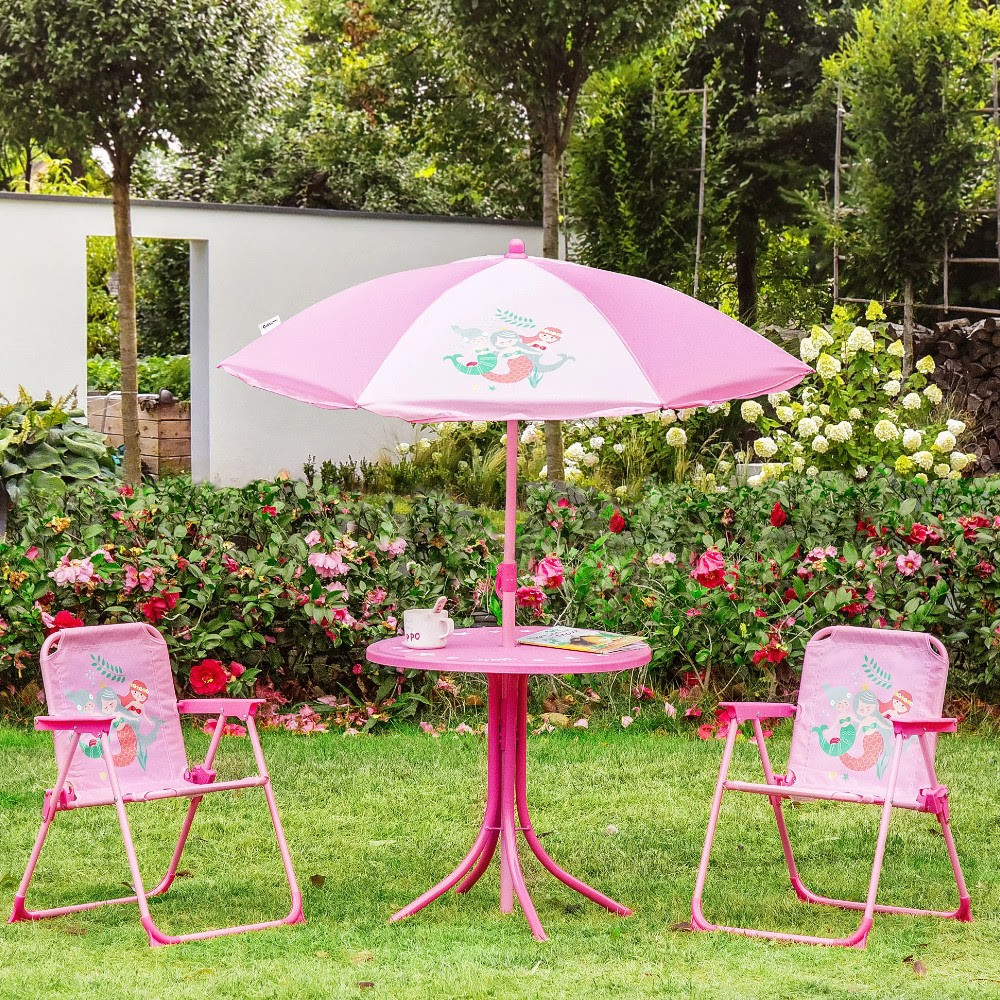 Unikornisos kerti gyerekbútor szett - piknik asztal, székekkel, napernyővel