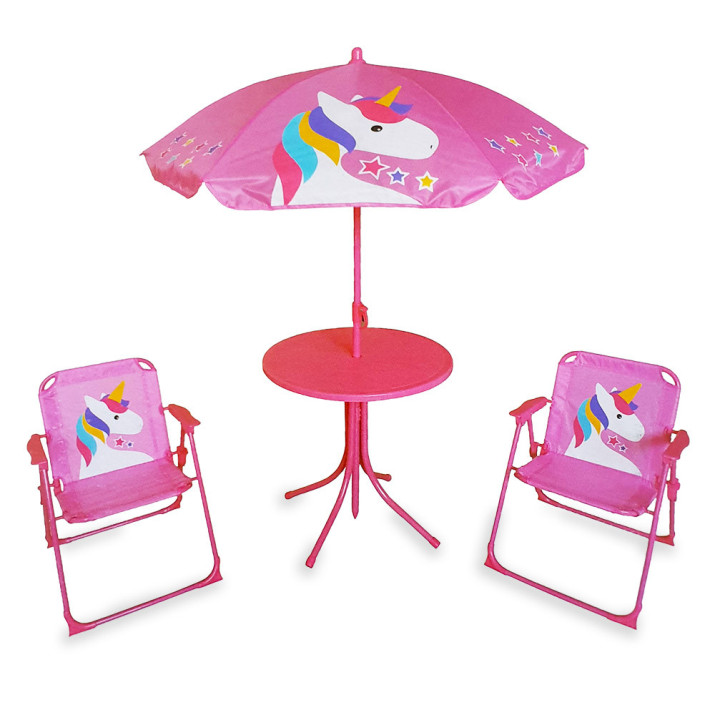 Unikornisos kerti gyerekbútor szett - piknik asztal, székekkel, napernyővel